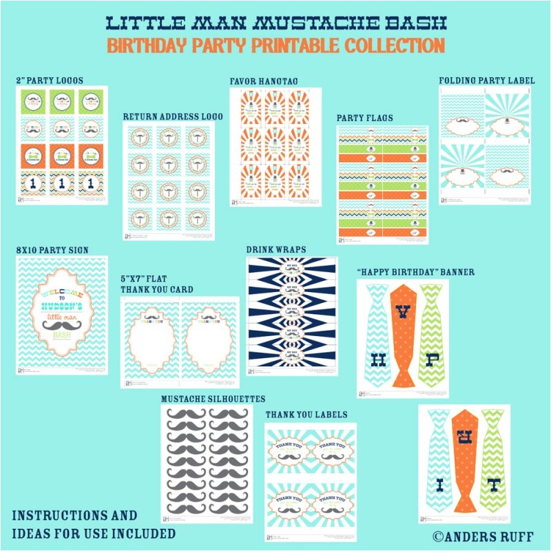 Mustache Birthday Party Printables Little Man Mustache Bash Birthday Party Printables Collection