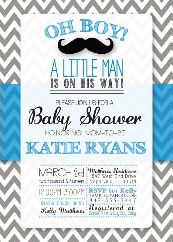 Mustache themed Baby Shower Invitations Baby Shower Mustache themed Invitation Digital Print File