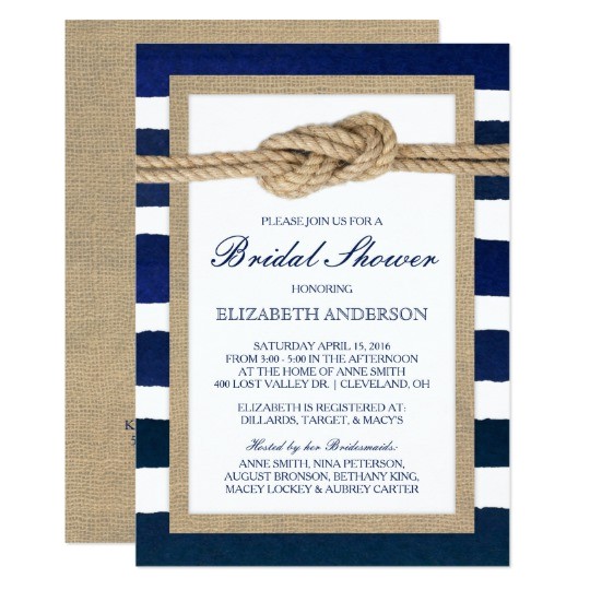 Nautical Bridal Shower Invitation Template Nautical Knot Navy Stripes Rustic Bridal Shower Card