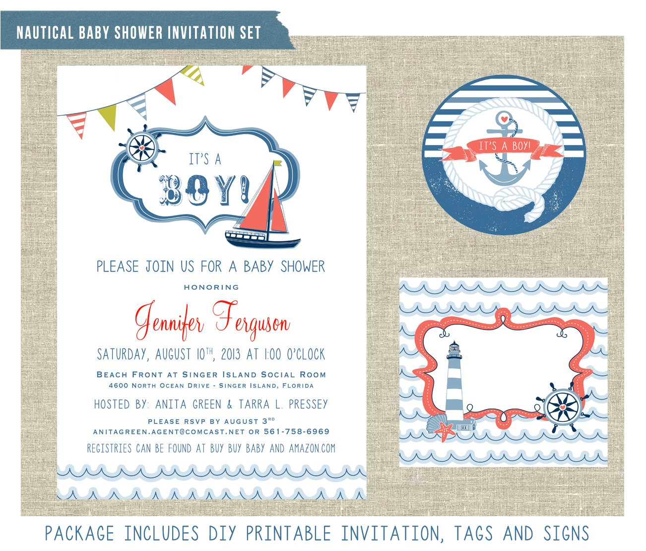 Nautical themed Baby Shower Invites Nautical themed Baby Shower Invitation Set by