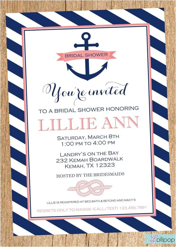 Nautical themed Bridal Shower Invitations Personalized Anchors Away Nautical Bridal Shower