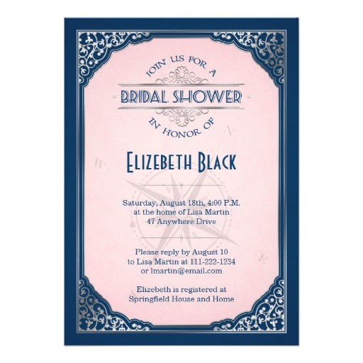 Navy and Blush Bridal Shower Invitations Navy Blush Pink Silver Vintage Frame Bridal Shower 5x7