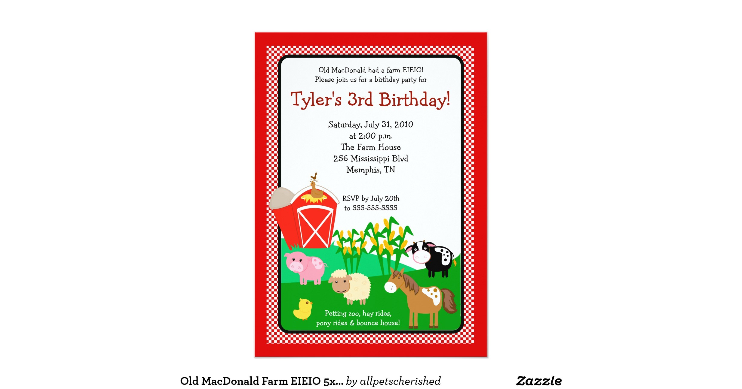 Old Macdonald Had A Farm Birthday Invitations Old Macdonald Farm Eieio 5×7 Birthday Invitation