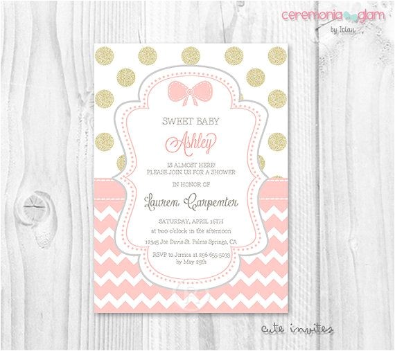 Peach and Gold Baby Shower Invitations Baby Shower Girl Coral and Gold Glitter Polka Dot and