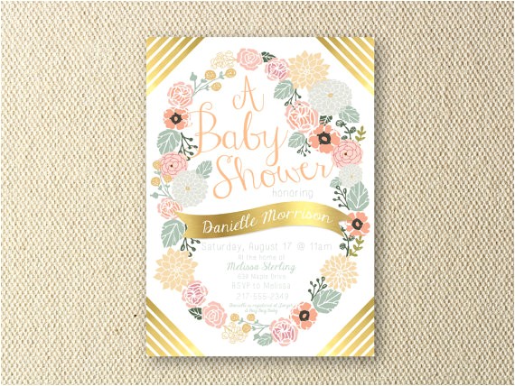 Peach and Gold Baby Shower Invitations Items Similar to Floral Peach and Gold Baby Shower