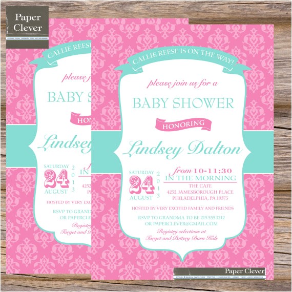 Pink and Aqua Baby Shower Invitations Girls Baby Shower Invitations Damask Pink Aqua by Paperclever