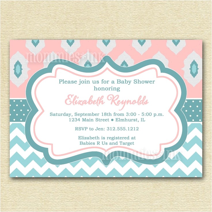 Pink and Aqua Baby Shower Invitations Light Pink and Aqua Ikat and Chevron Baby Shower