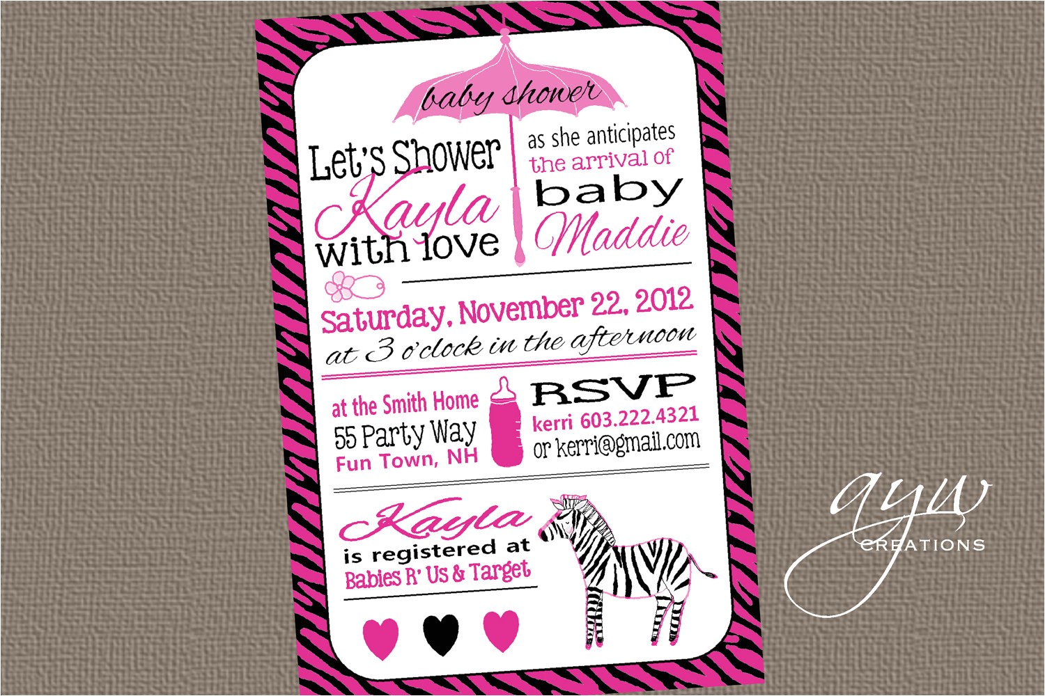 Pink and Black Zebra Baby Shower Invitations Pink and Black Zebra Baby Shower Invitations