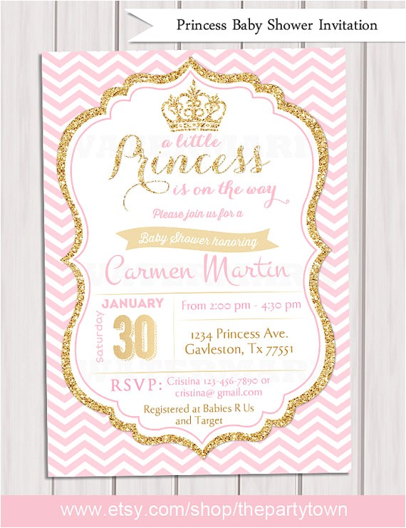 Pink and Gold Princess Baby Shower Invitations Pink and Gold Princess Baby Shower Invitation Chevron