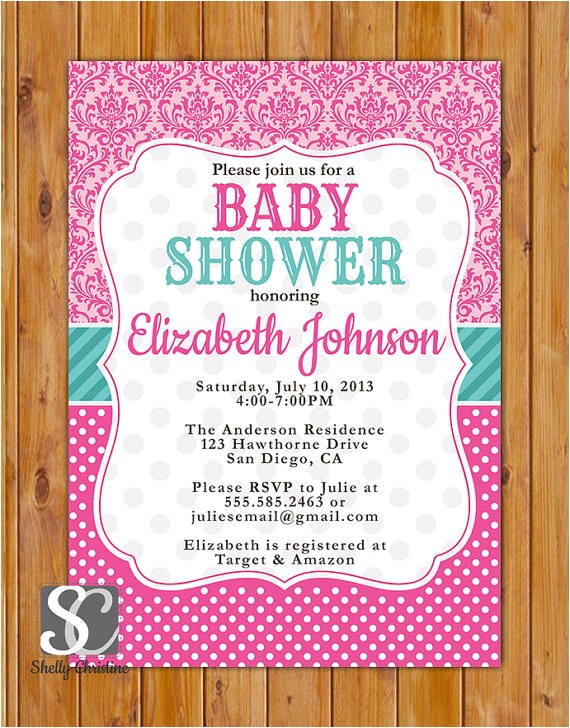 Pink and Teal Baby Shower Invitations Pink Teal Baby Shower Invitation Damask Polka Dots Invite Pink