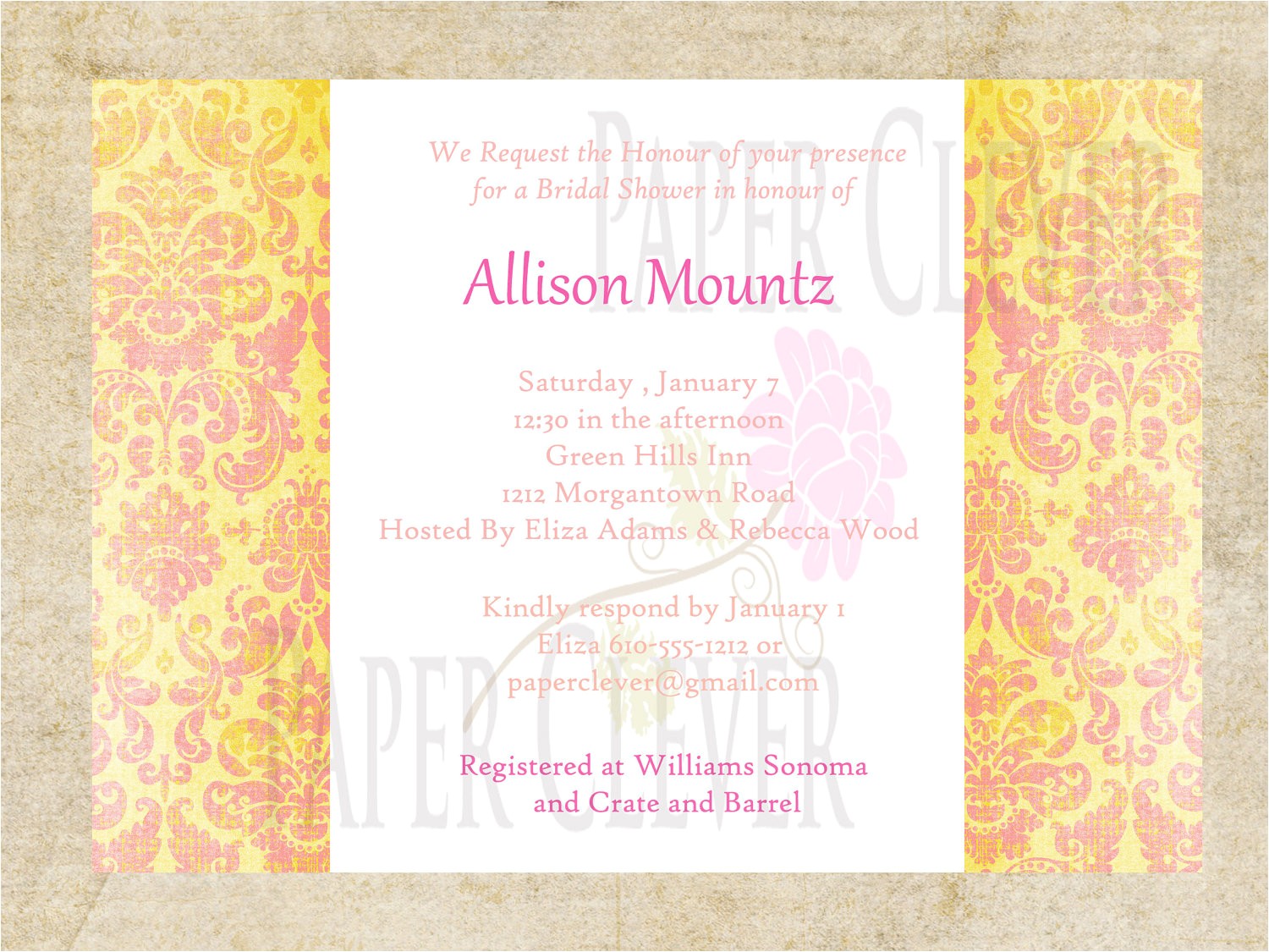 Pink and Yellow Bridal Shower Invitations Bridal Shower Wedding Invitation Yellow Pink Damask Pink and Yellow Bridal Shower Invitations Bridal Shower Wedding Invitation Yellow Pink Damask