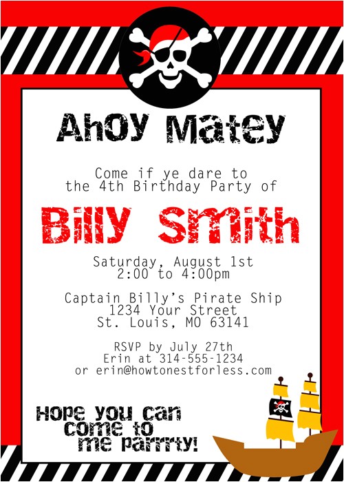 Pirate themed Birthday Party Invitations Pirate Birthday Invitations Template
