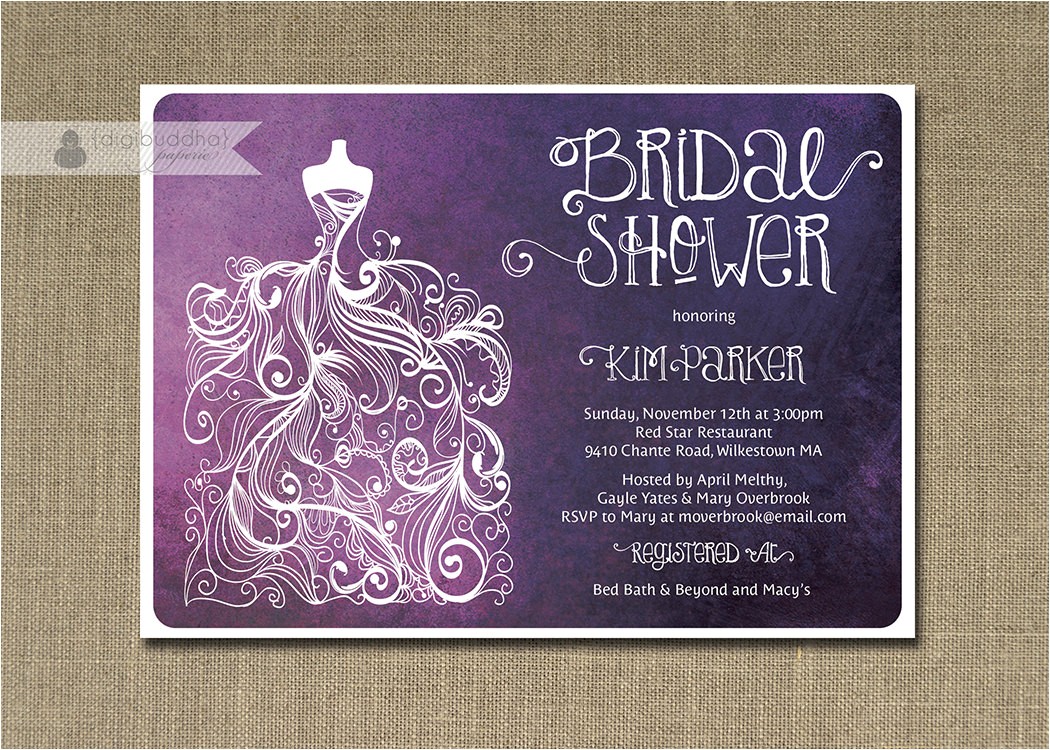 Plum Bridal Shower Invitations Plum Ombre Bridal Shower Invitation Purple & White Gown Shabby