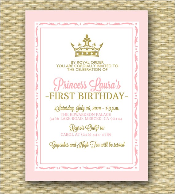 Princess First Birthday Invitation Wording Pink and Gold Princess First Birthday Invitation Royal Baby