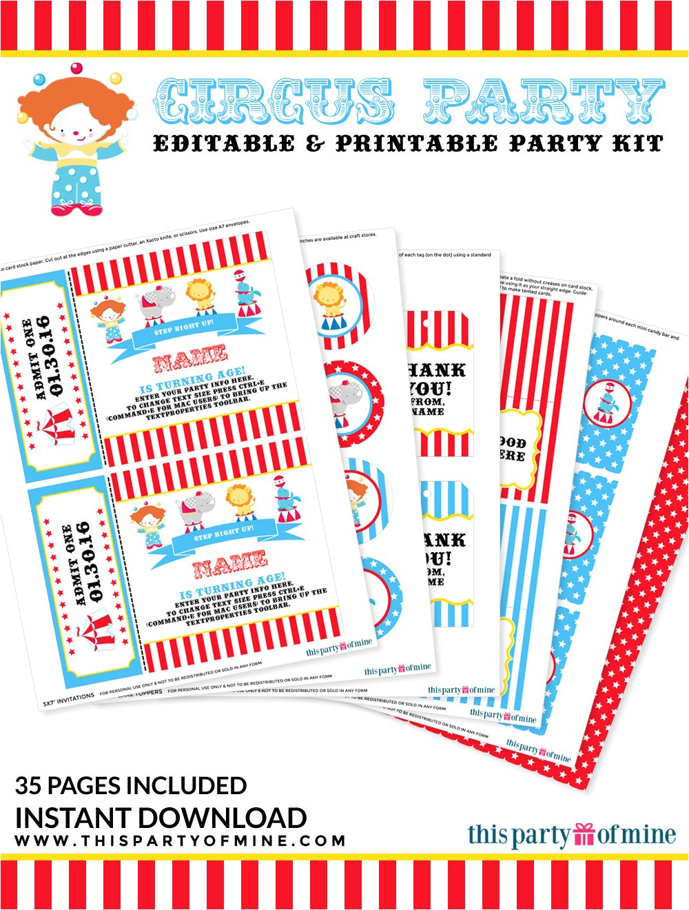 Printable Birthday Invitation Kits Circus Party Invitation Decorations Kit Printable