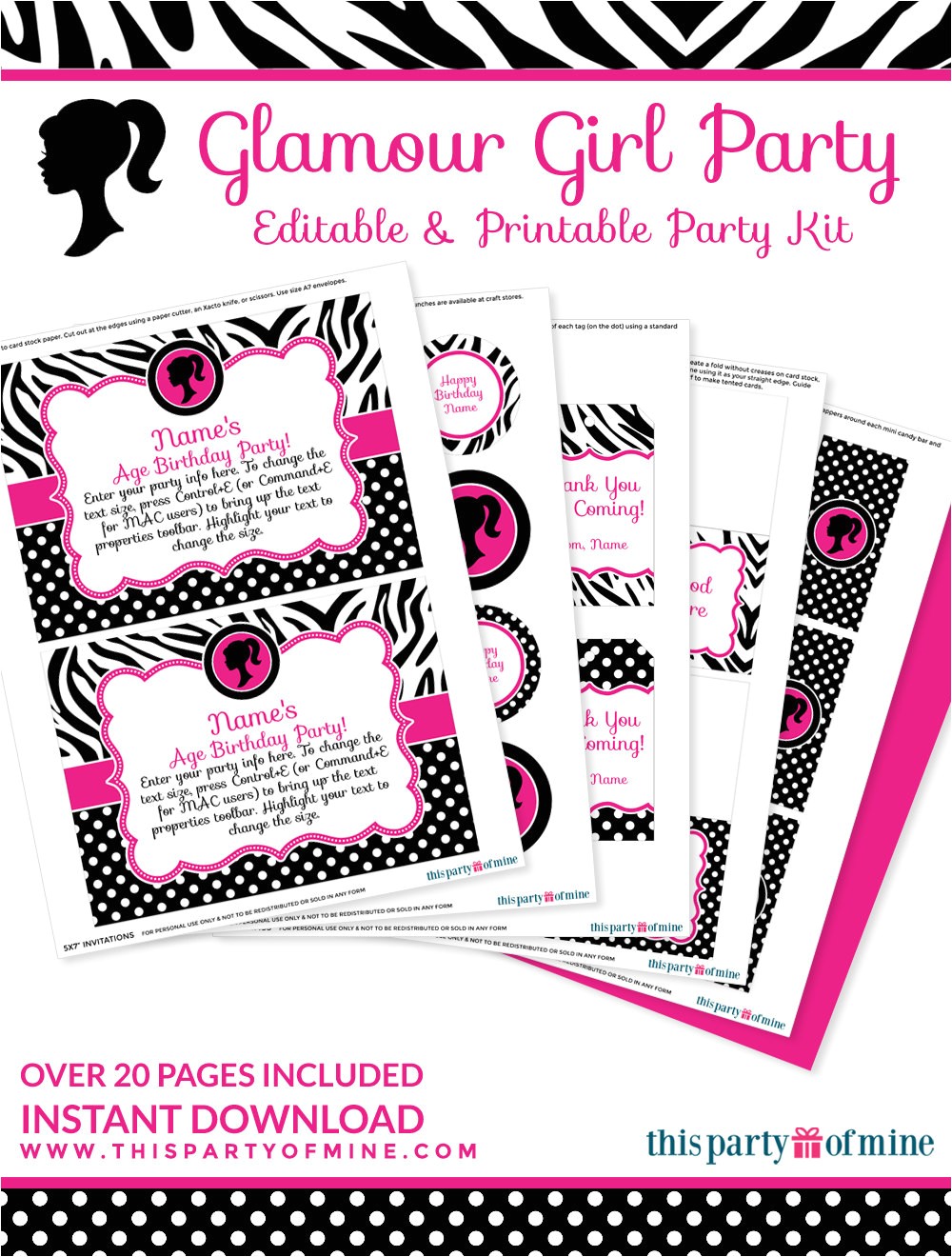 Printable Birthday Invitation Kits Glamour Girl Party Invitation Decorations Kit Printable