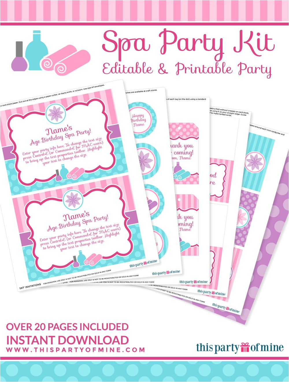 Printable Birthday Invitation Kits Spa Party Invitation Decorations Kit Printable Birthday