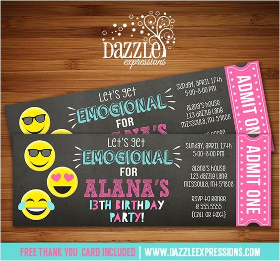 Printable Birthday Invitations for Tweens Printable Tween Emoji Chalkboard Ticket Birthday
