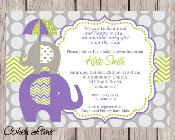 Purple and Green Baby Shower Invitations Elephant Invitation Purple Elephant Invite Elephant Baby