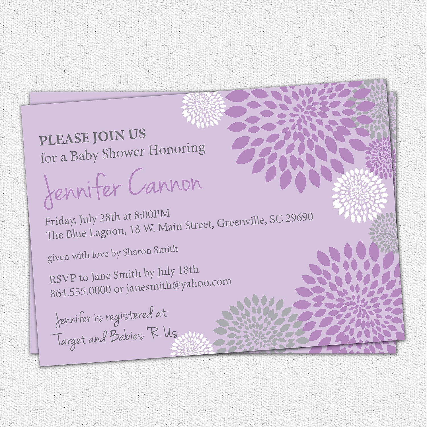 Purple and Grey Baby Shower Invitations Baby Shower Invitation Printable Girl Purple and Lavender with