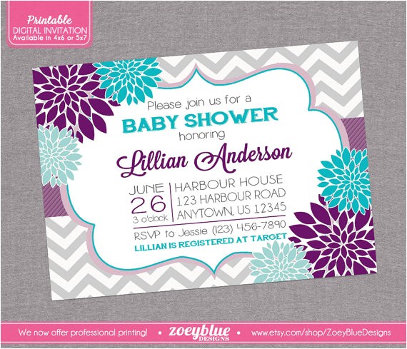 Purple and Grey Baby Shower Invitations Floral Purple Aqua Blue Baby Shower Invitation by