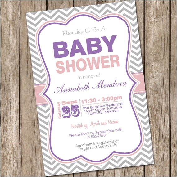 Purple and Grey Baby Shower Invitations Girl Baby Shower Invitation Purple and Grey Chevron Printable