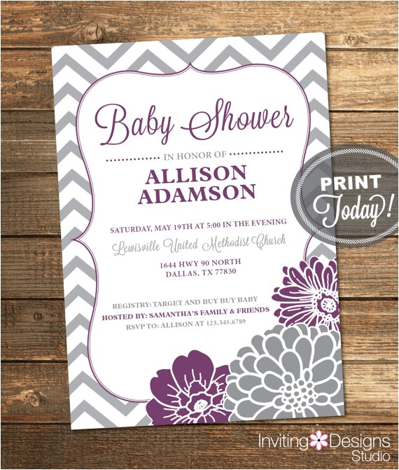 Purple and Grey Baby Shower Invitations Purple and Gray Baby Shower Invitation by Invitingdesignstudio