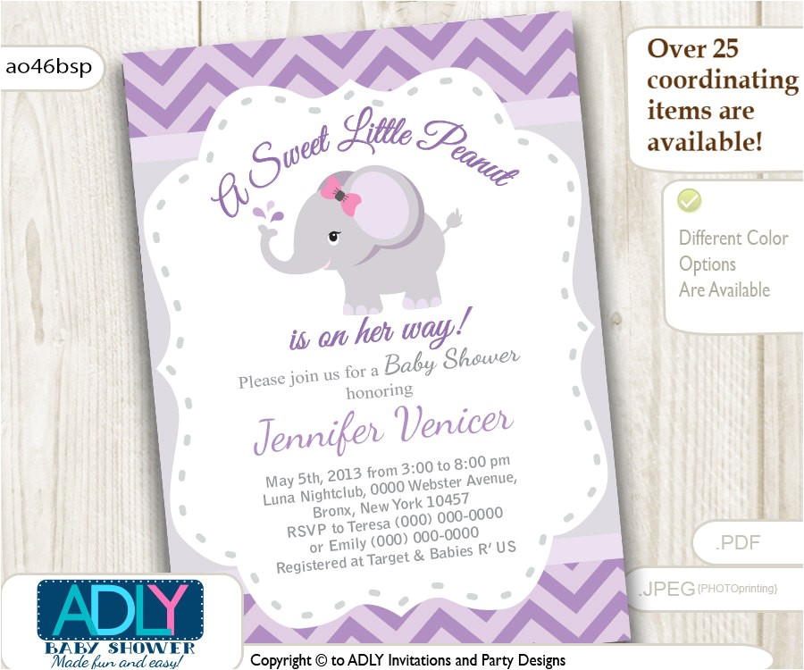 Purple and Grey Baby Shower Invitations Purple Grey Elephant Invitation for Baby Shower Little Peanut