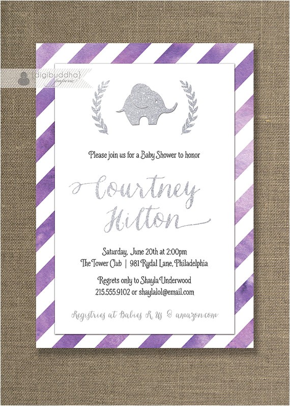 Purple and Silver Baby Shower Invitations Purple & Silver Baby Shower Invitation Elephant Watercolor