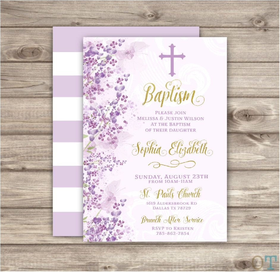 Purple Baptism Invitations Baptism Invitations Flowers Cross Purple Gold Printed or