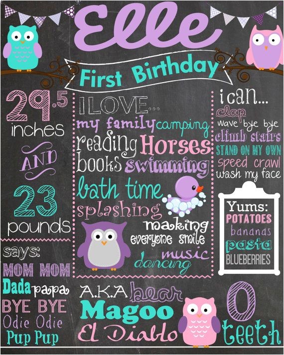 Purple Owl First Birthday Invitations First Birthday Colored Chalkboard Poster Invitation