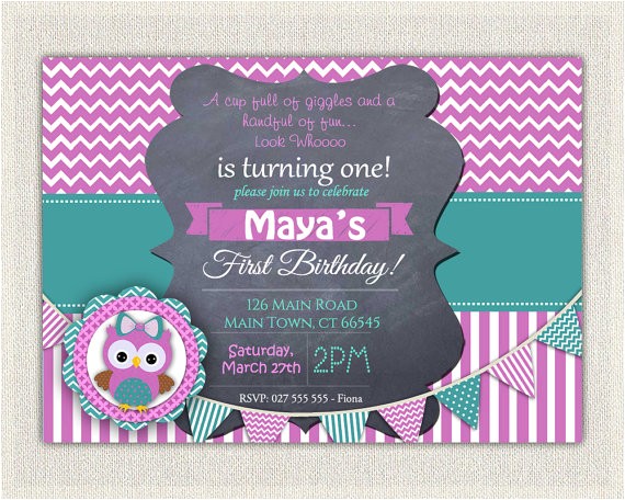 Purple Owl First Birthday Invitations Girls 1st Birthday Invitation Purple Green Owl