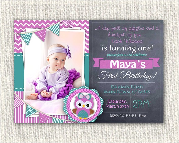 Purple Owl First Birthday Invitations Girls 1st Birthday Invitation Purple Green Owl