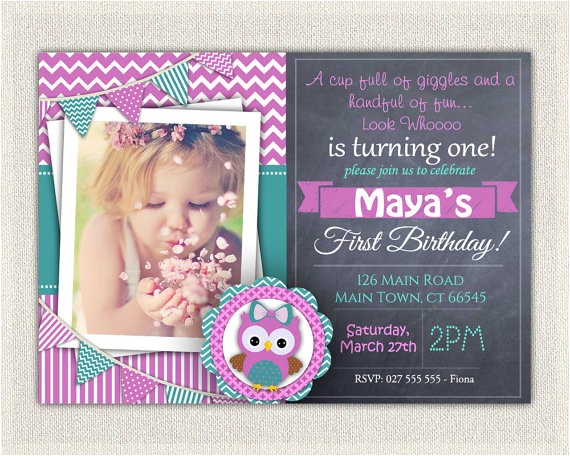 Purple Owl First Birthday Invitations Girls 1st Birthday Invitation Purple Green Owl