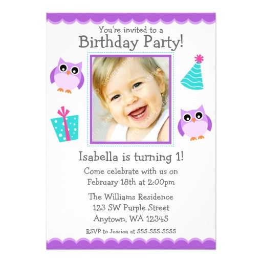 Purple Owl First Birthday Invitations Purple Owl Party 1st Birthday Girl 5×7 Paper