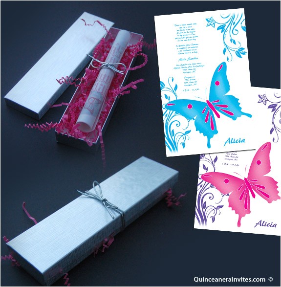 Quinceanera Invitations In A Box butterfly Scroll Invitations Inside Silver Box