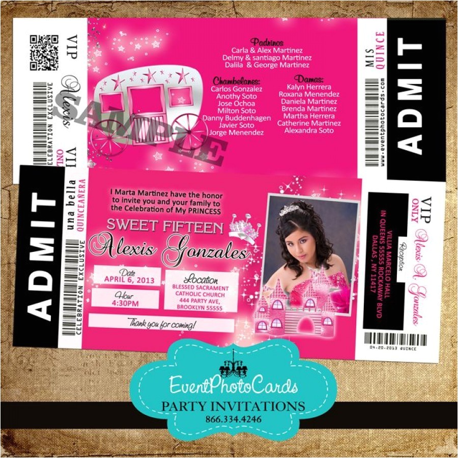 Quinceanera Ticket Invitations Quince Ticket Invites Sweet 16 Pink Photo