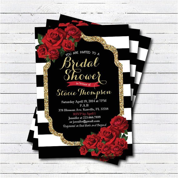 Red and Black Bridal Shower Invitations Bridal Shower Invitation Red Rose Black White Stripe Gold
