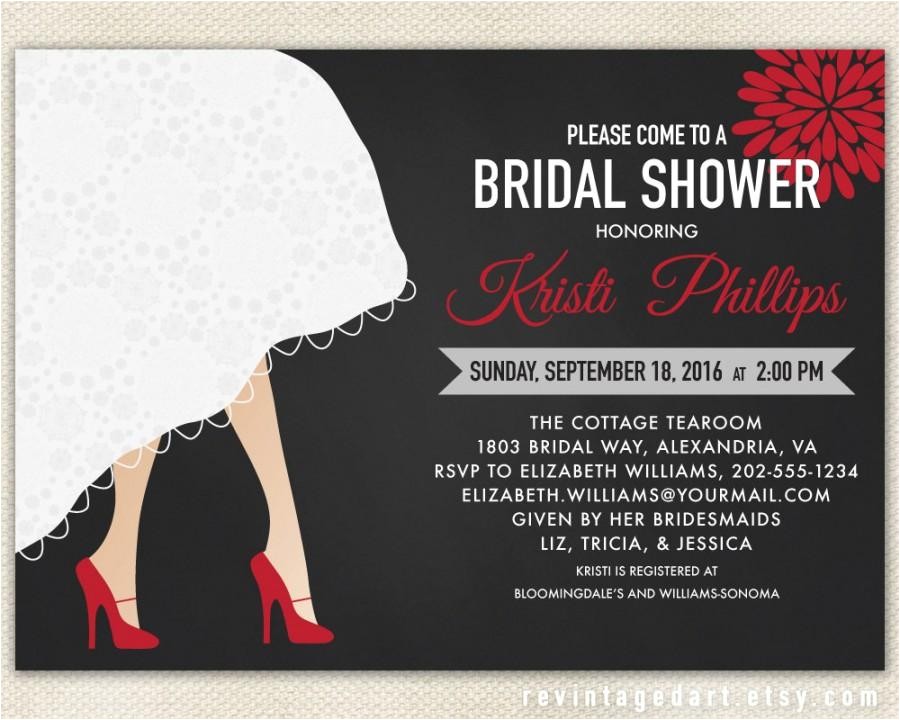Red and Black Bridal Shower Invitations Bridal Shower Invitation with Wedding Dress Hem & High