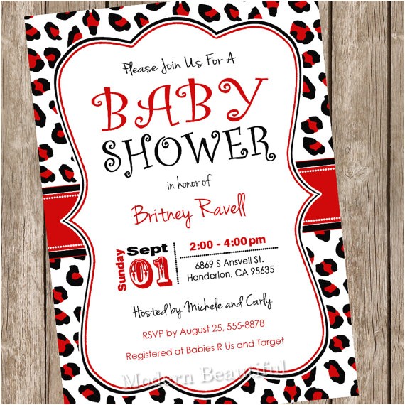 Red Black and White Baby Shower Invitations Red and Black Leopard Baby Shower Invitation Leopard Red