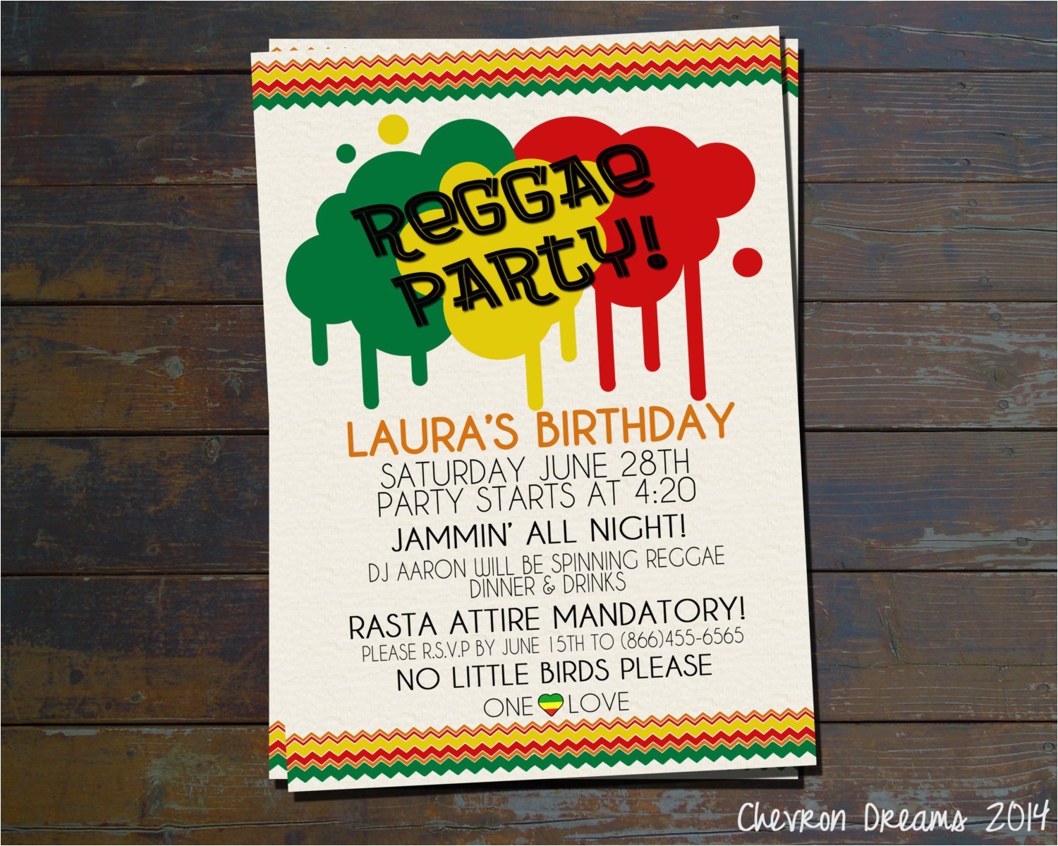 Reggae themed Party Invitations Reggae Party Birthday Invitation