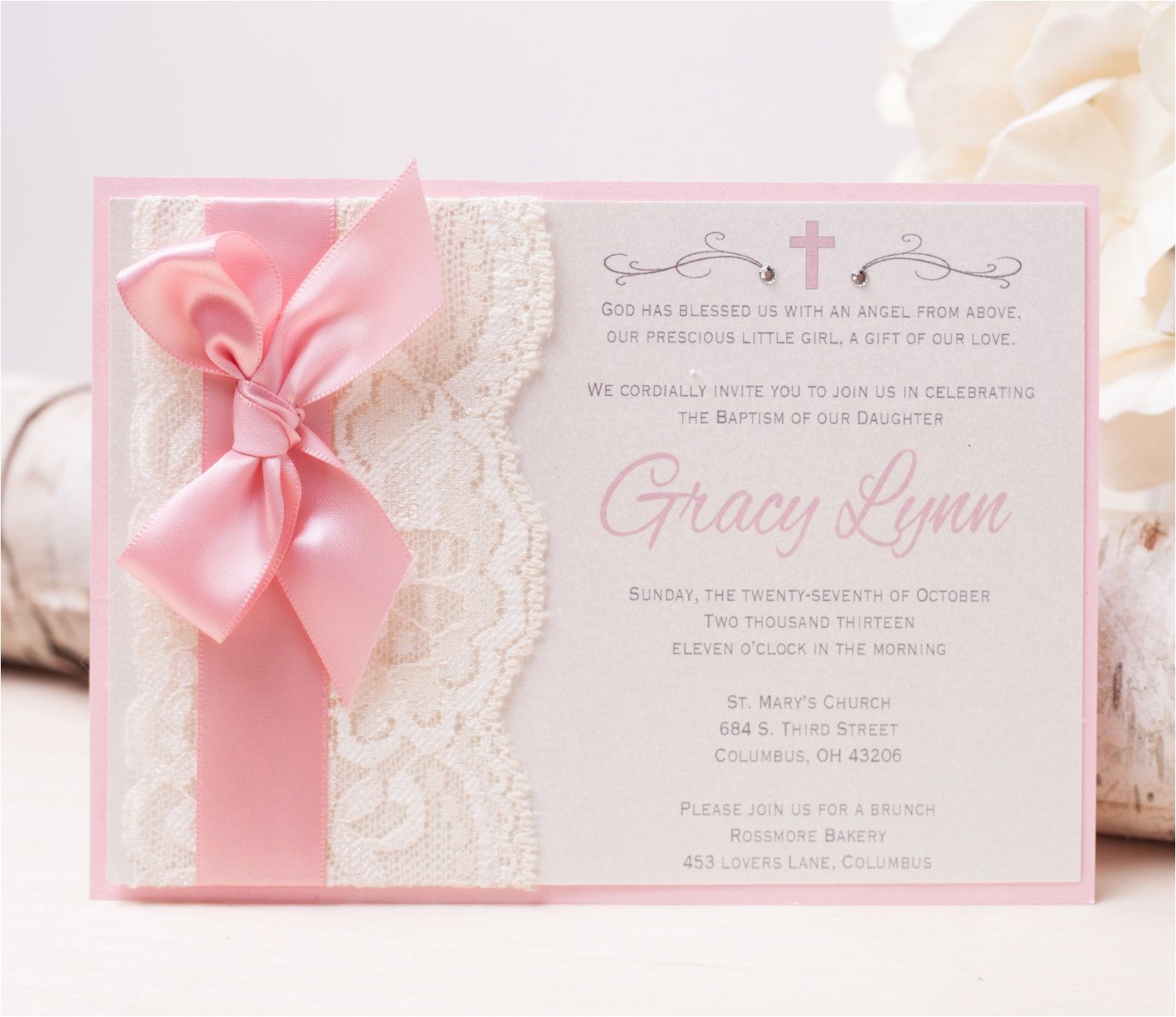 Religious Baby Shower Invitations Gracy Pink Lace Baptism Invitation Christening