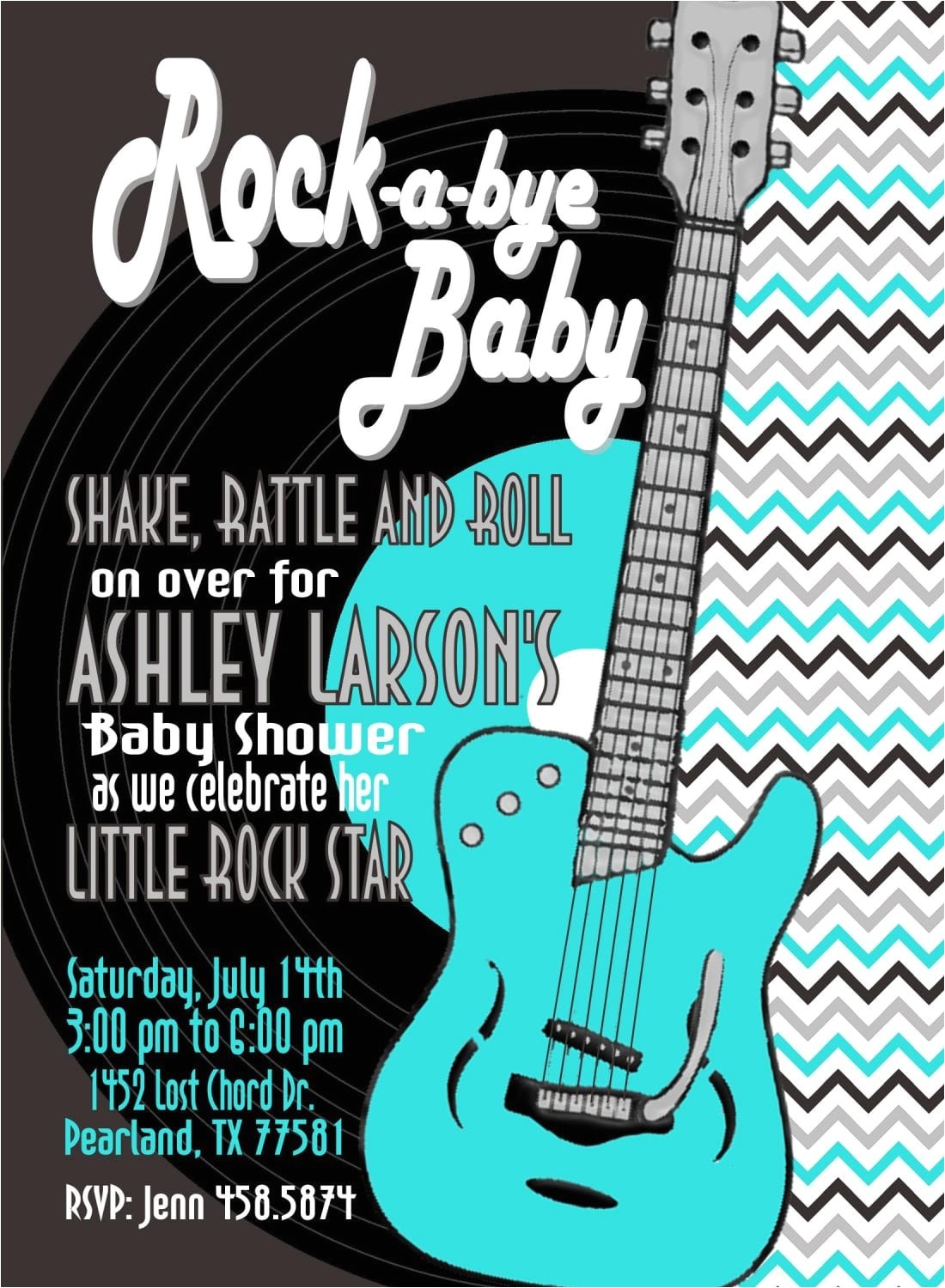 Rock and Roll Baby Shower Invitations Rock and Roll Baby Shower Invitation Teal Silver Mimi S