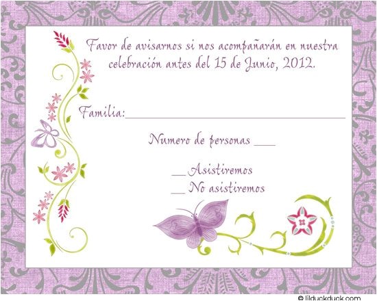 Rsvp Birthday Invitation Sample Purple Spanish butterfly Response Card Spanish Response