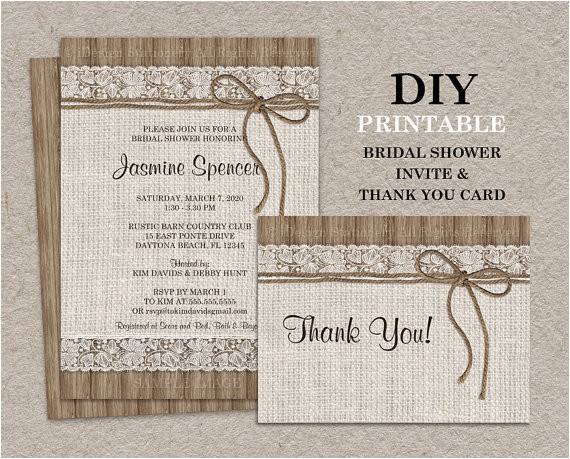 Rustic Bridal Shower Invitations with Matching Recipe Cards Rustic Bridal Shower Invitation Set with Thank You Card Diy