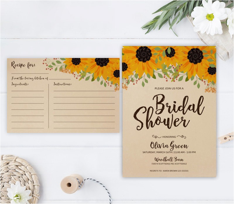 Rustic Bridal Shower Invitations with Matching Recipe Cards Sunflower Bridal Shower Invitation and Recipe Card Rustic