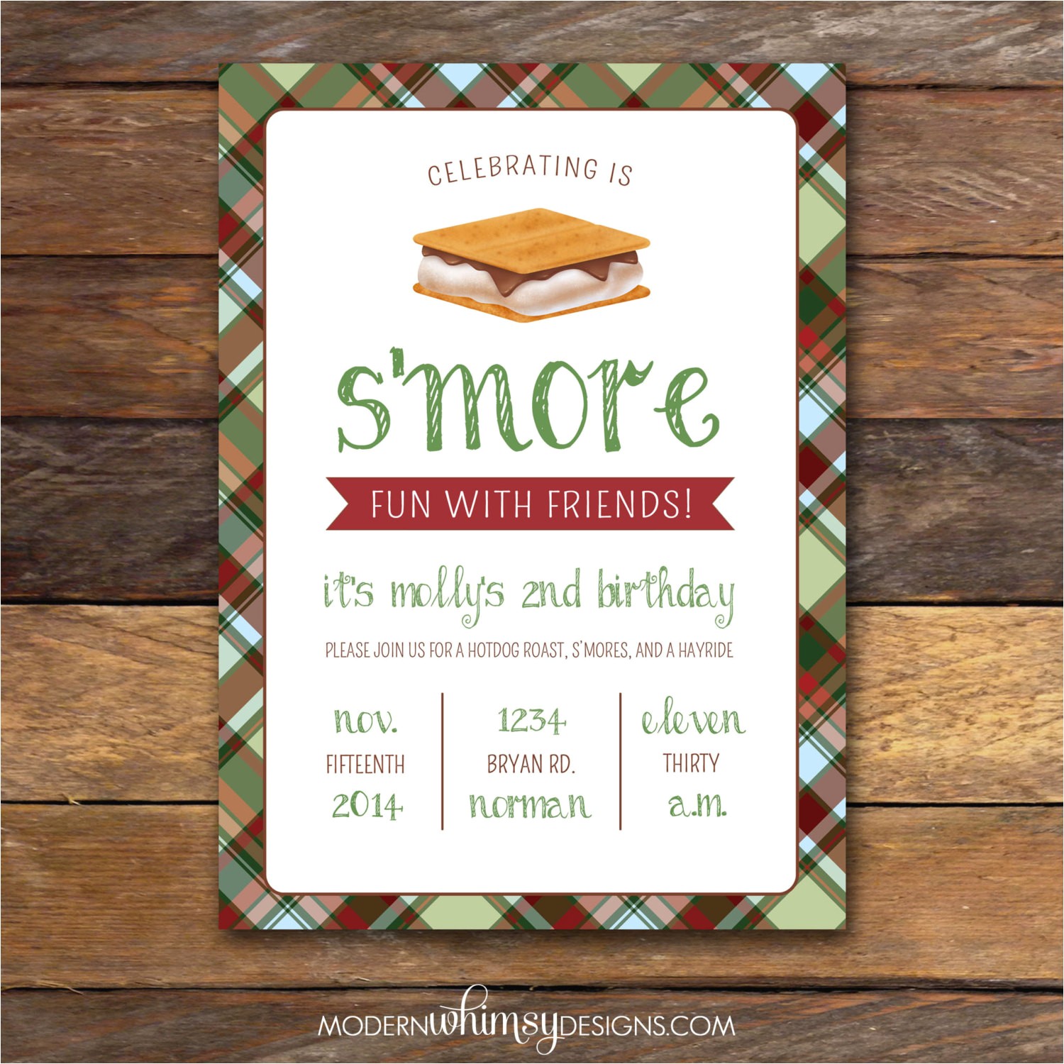 S More Party Invitation S Mores Party Birthday Invitation Plaid by Modernwhimsydesign