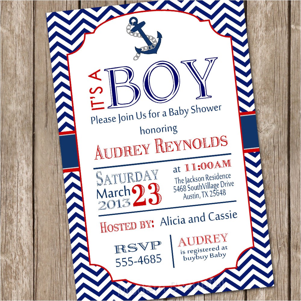 Sailor themed Baby Shower Invitations Chevron Nautical Baby Shower Invitation Red Blue Anchor