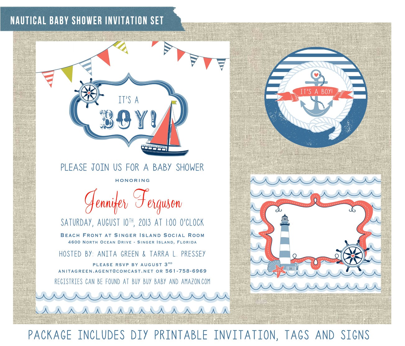 Sailor themed Baby Shower Invitations Nautical themed Baby Shower Invitation Set by
