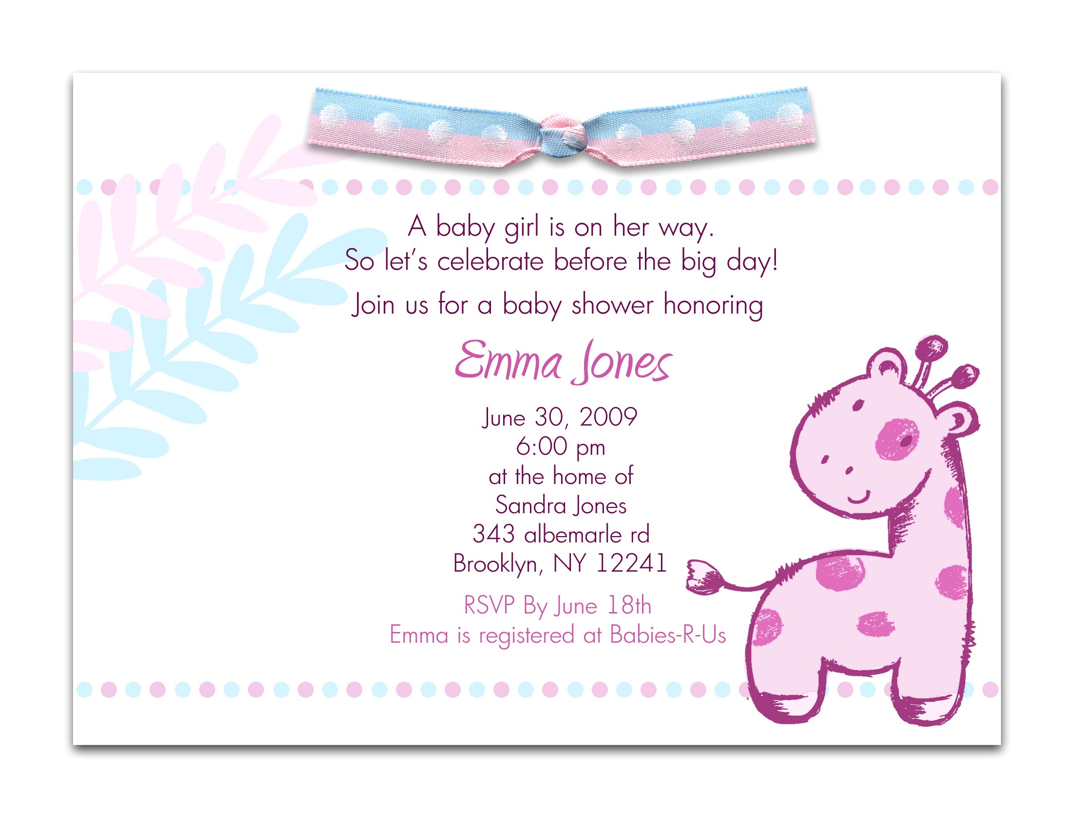 Sample Wording for Baby Shower Invitations Baby Shower Invitation Wording for A Girl